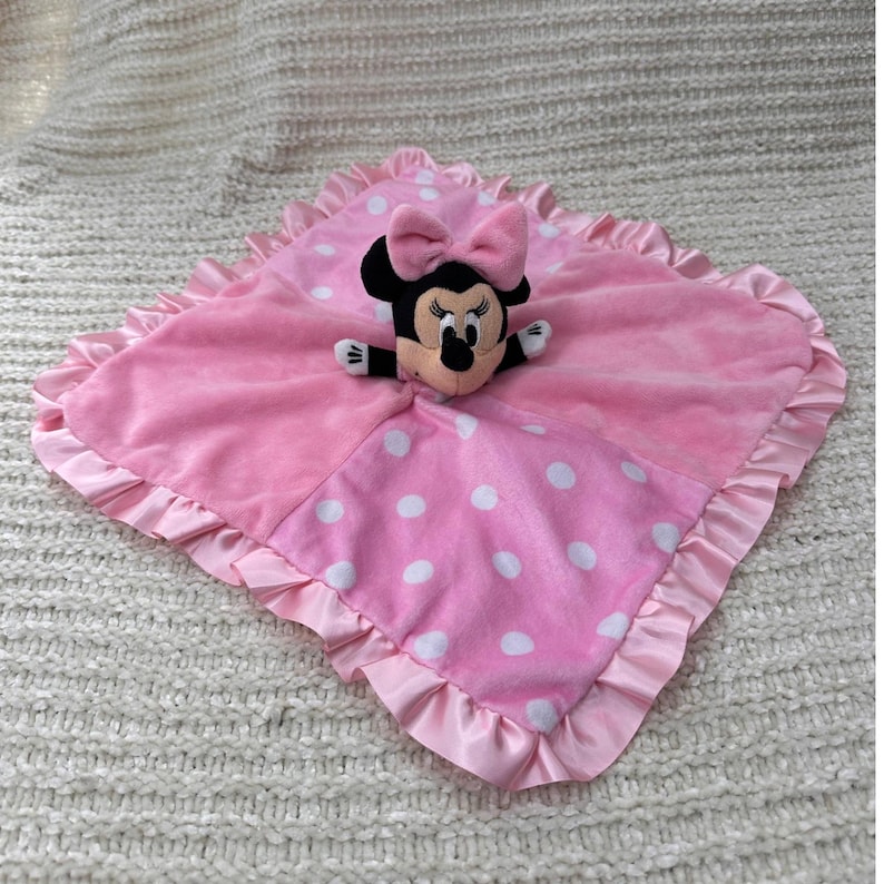 Disney Minnie Mouse Plush Lovey Security Blanket Pink Polka Dot Satin Trim 14in image 1