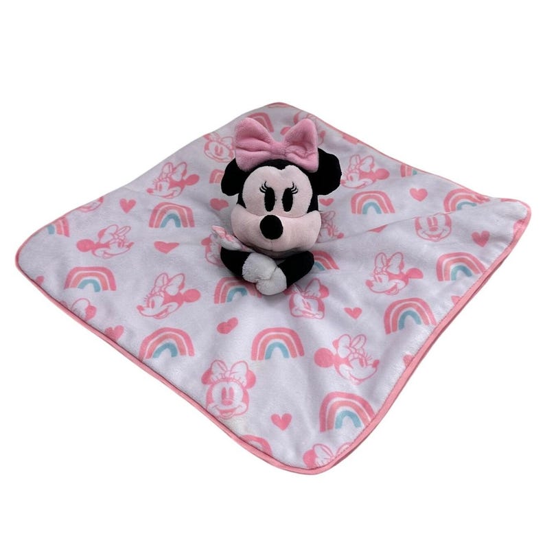 Disney Baby Minnie Mouse Lovey Pink Rainbow Safety Blanket Pluszowy Zwierzątko Serce zdjęcie 2