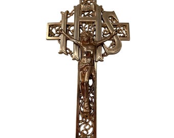 Crucifijo INRI vintage para colgar en la pared, cruz adornada en tono latón, religioso católico