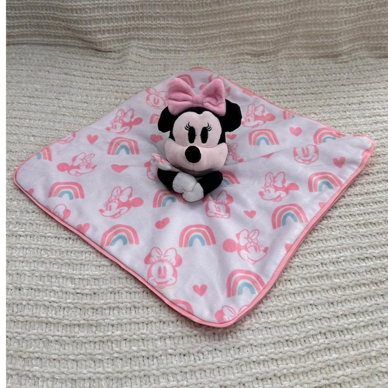 Disney Baby Minnie Mouse Lovey Pink Rainbow Safety Blanket Pluszowy Zwierzątko Serce zdjęcie 1