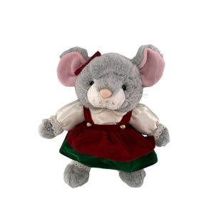 Vintage 1995 Gibson Greetings Gray Mouse Plush Toy In Festive Dress Christmas