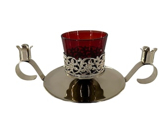 Portacandele Hollywood Regency in vetro rosso rubino, due pezzi, con base dorata, stile retrò MCM.