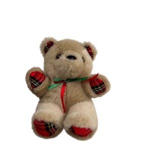 Vintage Plush Tan Teddy Bear: 7&quot; Red Plaid & Green Bow