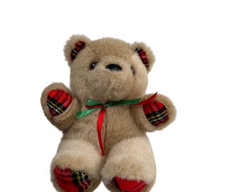 Vintage Tan Teddy Bear 7" Red Plaid Accents Green Bow Toy Toys Tartan