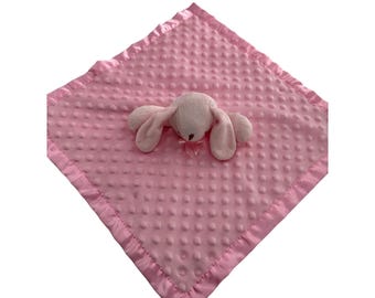 Pro Goleem Pink Plush Baby Security Blanket Bunny Head Satin Trim 16"x16" Lovey