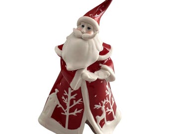 Statuetta di Babbo Natale in ceramica con renne bianche e alberi di Natale rossi e bianchi