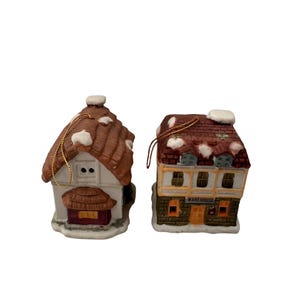 Vintage Porcelain Christmas Village House Bell Ornaments Set 2 Pieces 1990 JSNY