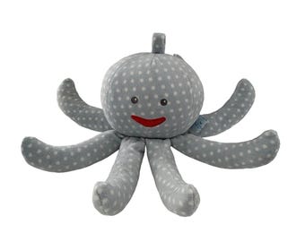 Baby Aspen Plush Octopus Toy: Blue Polka Dot Rattle Chimes, 12 Inch, Surface Washable