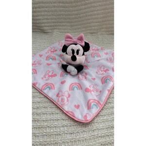 Disney Baby Minnie Mouse Lovey Pink Rainbow Safety Blanket Pluszowy Zwierzątko Serce zdjęcie 10