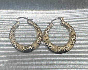 Estate 10K Yellow Gold Embossed Hoop Earrings | 2.34g | Textured Vintage-Style