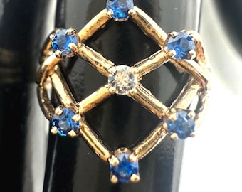 Anillo vintage de oro amarillo de 10 quilates con piedra azul y diseño geométrico, talla 5, 0,02 ct
