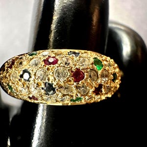 Vintage 14K Gold Multi-Edelstein Kuppel Ring | Rubin, Saphir, Smaragd, Diamant, Grösse 6