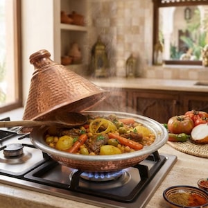 May include: A copper tagine with a conical lid sits on a gas stove burner. The base contains a stew with carrots, potatoes, chickpeas, and green olives. A wooden spoon rests inside the dish, and steam rises from the hot, cooked food.