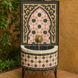 Traditional Moroccan Zellige Fountain in Pink and Black – Handmade Ceramic Decor for Garden or Patio