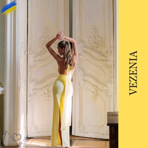 Yellow Evening Dress with Open Back, Elegant Backless Yellow Evening Gown Ukrainian Handmade, Stylish Yellow Open Back Dress