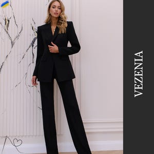 Stylish Black Women&#39;s Pantsuit, Chic Black Women&#39;s Suit Set, Classic black women&#39;s pantsuit professional business attire