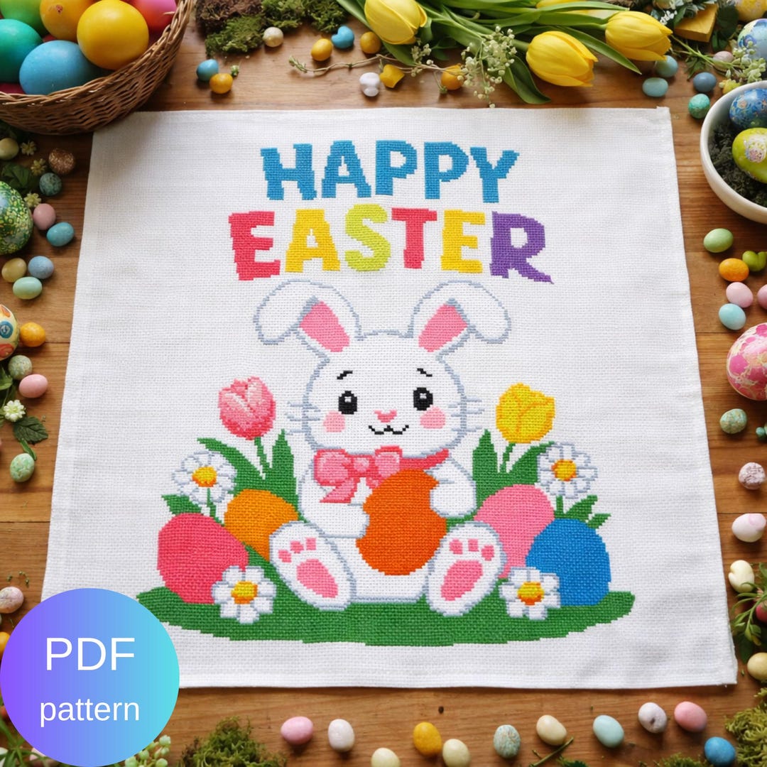 Happy Easter Cross Stitch Pattern PDF, Cute Bunny With Eggs, Spring ...