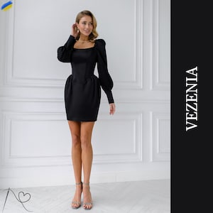 Black Silk Evening Mini Dress, Handmade Black Mini Dress, Unsurpassed Black Mini Dress With long sleeves