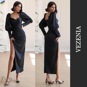 Elegant Black Satin Dress with Long Sleeves, Evening Satin Gown in Black with Long Sleeves, Long Sleeve Black Satin Evening Dress