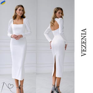Satin White Midi Dress: Open Back, Long Sleeves