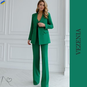 Green Women&#39;s Trouser Suit Set: Elegant Workwear Pantsuit