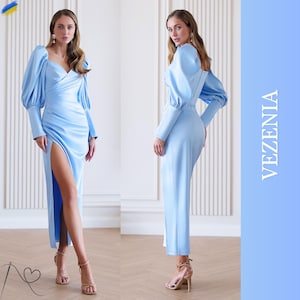 Blue formal dress, Blue maxi dress, Birthday dresses, Engagement dress, Satin dress, Elegant maxi dress, Long dress, Blue atlas dress