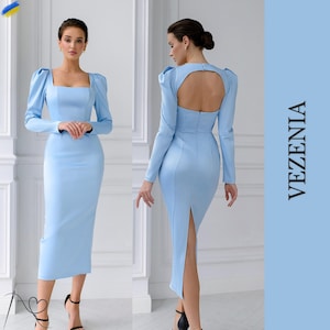 Sky Blue Satin Midi Dress: Open Back Long Sleeve Event Dress