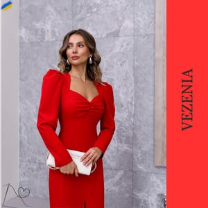 Red Stylish Midi Dress with Long Sleeves, Elegant red midi dress made of high quality fabric,Bright red midi dress with long sleeves premium