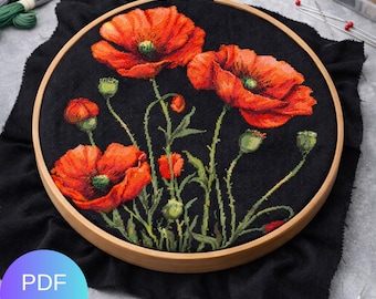 Cross Stitch Pattern Poppy Flowers, Modern Floral Cross Stitch PDF, Red Poppy Embroidery Pattern, Instant Download