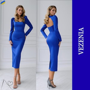 Navy Blue Satin Midi Dress: Open Back Long Sleeve Gown