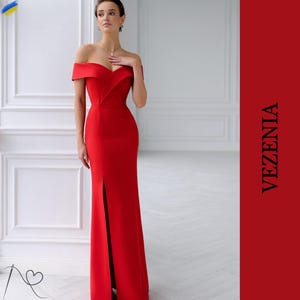 Elegant stylish red off the shoulder evening dress, Chic red evening dress, Trendy red off the shoulder evening dress