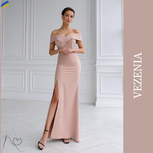 Elegant Beige Evening Dress, Chic Beige Evening Gown, Exquisite beige open shoulder evening dress