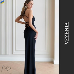 Elegant black silk evening dress with an open back, Chic Black Silk Dress with Open Back Design, Stunning Open Back Black Silk Dress