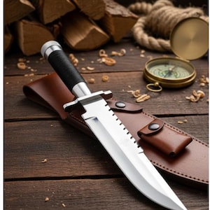 May include: A large, stainless steel survival knife with a black wrapped handle and a serrated edge. The knife is in a brown leather sheath. The background includes a compass, rope, and firewood, suggesting an outdoor or survival theme.