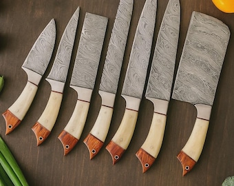 Handgemachtes 7-teiliges Kochmesserset mit Knochengriff aus Damaszenerstahl