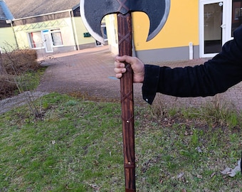 Handgefertigte Wikinger Doppelaxt: Palisander-Griff, Lederscheide