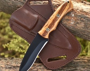 Handgeschmiedetes Jagdmesser mit Griff aus Olivenholz, Bushcraft Survival, Taschenmesser Handgeschmiedet – Jagdmesser Outdoor mit Lederscheide