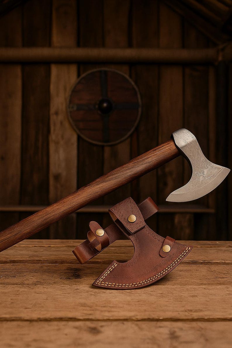 May include: A traditional axe with a wooden shaft and a silver blade, displayed on a wooden surface. The blade has an etched pattern. A brown leather sheath with brass studs protects the axe head. The background features a wooden shield and wall.