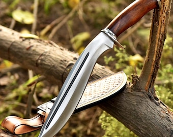 Handgefertigtes Bowiemesser aus D2 Stahl im Kukri-Stil , Palisander-Griff, Lederscheide