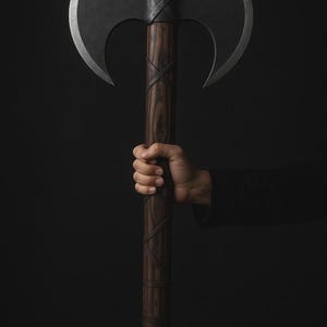 May include: A double-bladed axe with a dark, metallic finish and a wooden handle. The axe head has a curved blade on each side. The handle is wrapped with leather and held by a person against a black background.