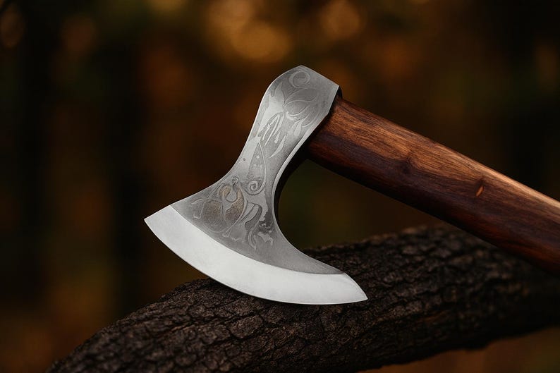 May include: A detailed view of a silver axe head with ornate engravings and a dark wooden handle. The axe blade is curved and sharp. The handle is a deep brown colour. The axe rests on a piece of wood.