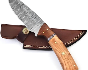 Handgefertigte Jagdmesser aus Damast-Stahl mit Griff aus Rosenholz und Lederscheide