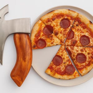 Op de afbeelding: Een in plakken gesneden pepperoni pizza op een beige bord, naast een zilveren bijl met een houten handvat. Het woord "STRANNOFR" staat op het bijlblad.