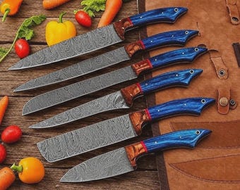 Küchenmesser-Set 6 Teilig mit handgeschmiedetem Damaststahlklingen, handgefertigtes Messerset
