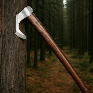 Könnte beinhalten: Eine handgefertigte Axt mit polierter Stahlklinge und dunklem Holzgriff. Der Axtkopf weist dekorative Gravuren auf. Der Griff ist lang und abgewinkelt, und die Axt lehnt an einem Baum in einem Wald.
