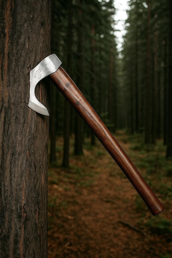 Hand Forged Viking Axe: 1095 Carbon Steel, Rosewood Handle, Leather Sheath