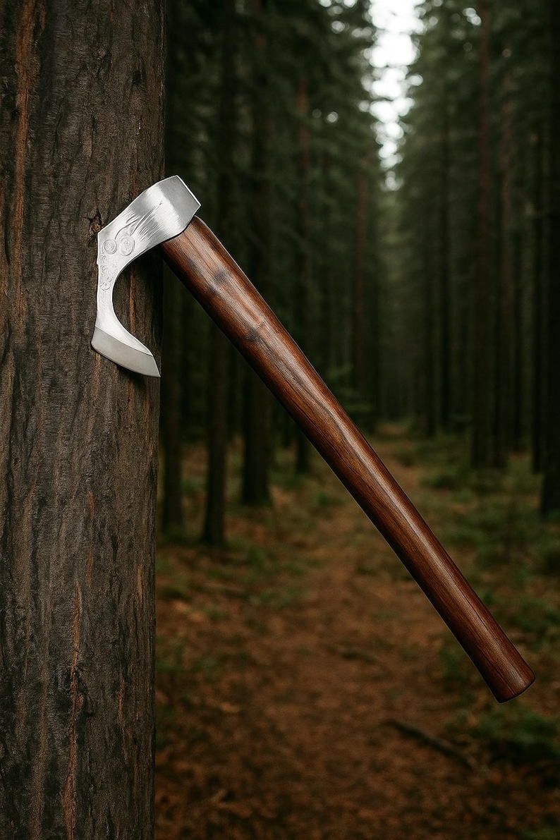 May include: A handcrafted axe with a polished steel blade and a dark wooden handle. The axe head features decorative engravings. The handle is long and angled, and the axe is leaning against a tree in a forest setting.
