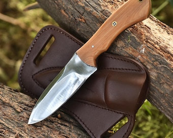 Handgeschmiedetes Jagdmesser mit Griff aus Olivenholz, Bushcraft Survival, Taschenmesser Handgeschmiedet – Jagdmesser Outdoor mit Lederscheide