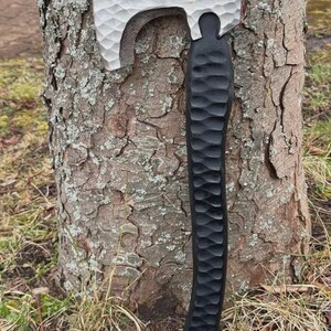 May include: A handcrafted axe with a textured, silver-colored head and a black, carved handle. The axe is leaning against a tree trunk, showcasing its detailed craftsmanship. The axe is a tool for outdoor activities.