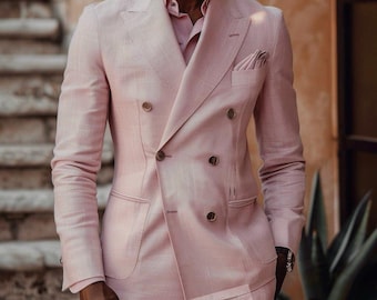 Slim Fit Pink Linen Suit - Double Breasted, Custom Tailored